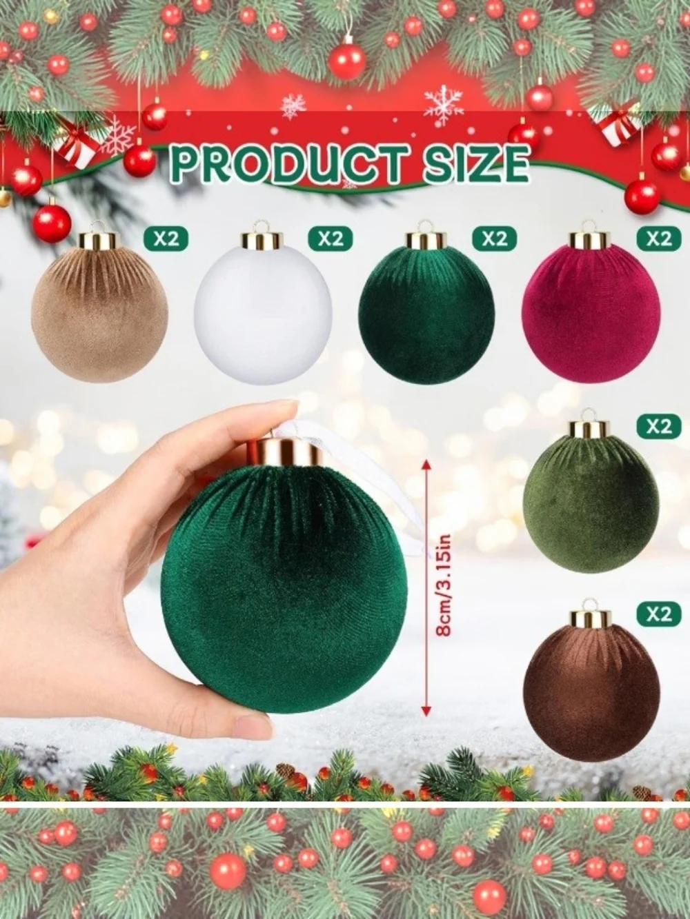 Velvet Christmas Ornament Set: Red, Green, Gold, White, Brown. 24 Piece Set. NWT